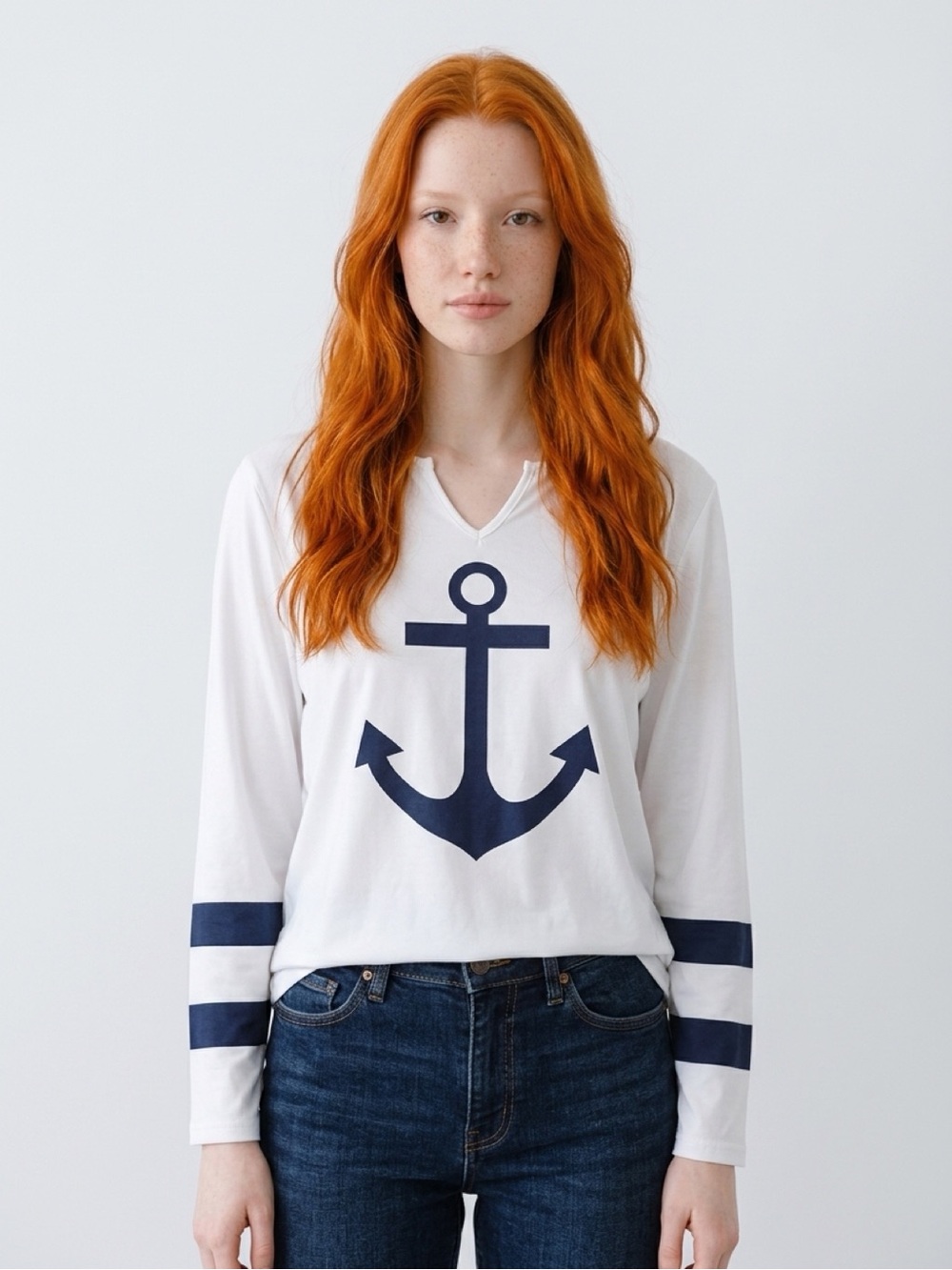 Women’s White Anchor-Print Long Sleeve Top XL